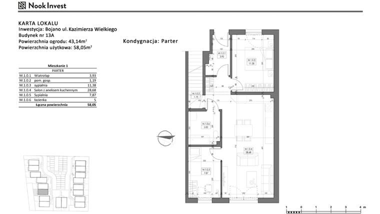 Rzut - Mieszkanie na sprzedaż 3 pokoje o powierzchni 58,05 m² - numer 13A w Bojano, ul. Kazimierza Wielkiego