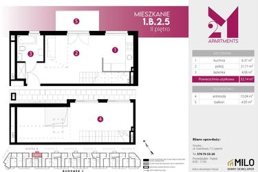 Rzut - Mieszkanie na sprzedaż 2 pokoje o powierzchni 47,18 m² - numer 1.B.2.5 w Maślice Wrocław Milo Dobry Deweloper etap IV