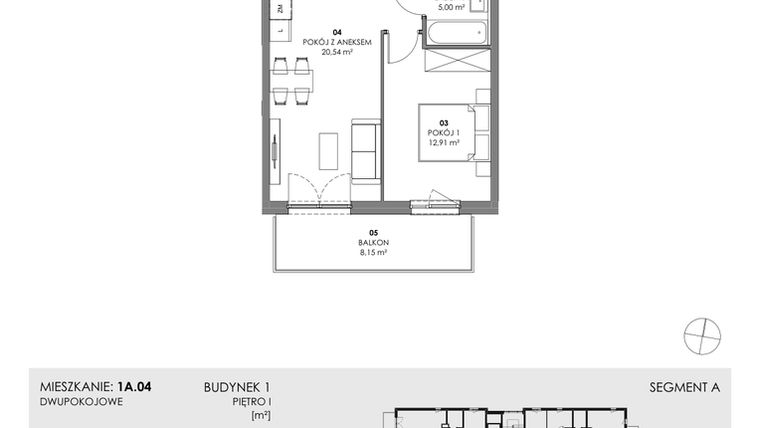 Rzut - Mieszkanie na sprzedaż 2 pokoje o powierzchni 42,24 m² - numer 1A.04 w Akacjowa Wita