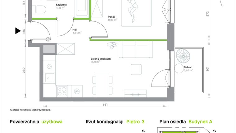 Rzut - Mieszkanie na sprzedaż 2 pokoje o powierzchni 38,53 m² - numer A/3/32 w Krakowska Vita