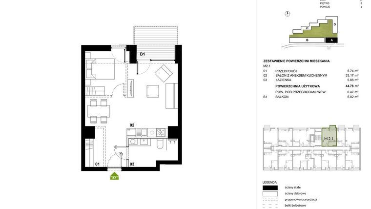 Rzut - Mieszkanie na sprzedaż 1 pokój o powierzchni 45,26 m² - numer A.2.1 w Kozielska Park