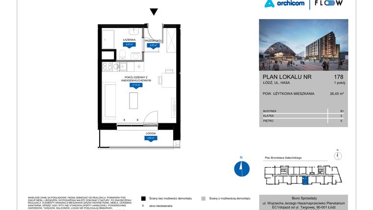 Rzut - Mieszkanie na sprzedaż 1 pokój o powierzchni 26,45 m² - numer 178 w Flow