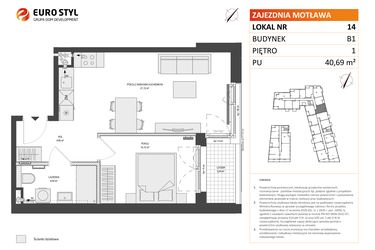 Rzut - Mieszkanie na sprzedaż 2 pokoje o powierzchni 40,69 m² - numer B1.14 w Zajezdnia Motława