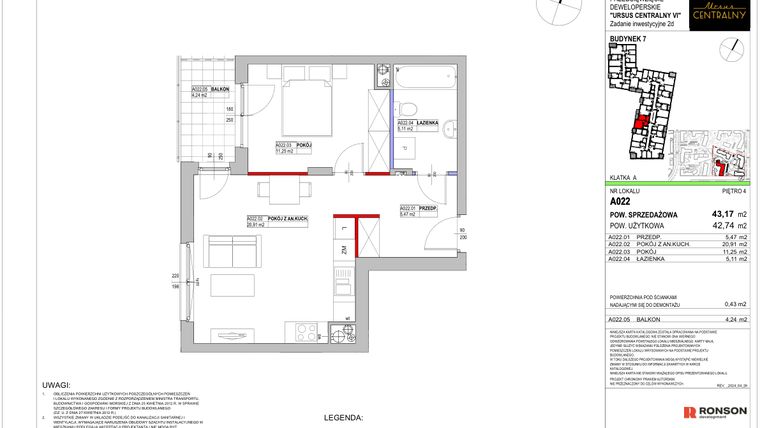 Rzut - Mieszkanie na sprzedaż 2 pokoje o powierzchni 43,17 m² - numer 7.A022 w Ursus Centralny etap VI