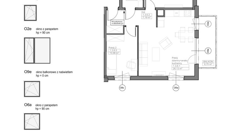 Rzut - Mieszkanie na sprzedaż 3 pokoje o powierzchni 61,18 m² - numer D.1.3.6 w Optima VII