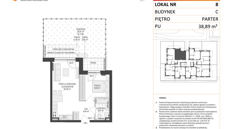Rzut - Mieszkanie na sprzedaż 2 pokoje o powierzchni 38,89 m² - numer C.8 w Osiedle Warszawska etap II