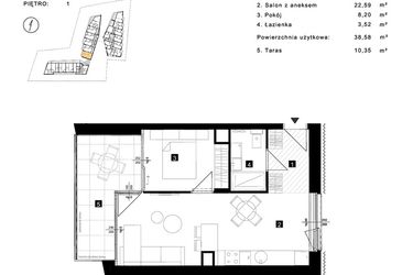 Rzut - Mieszkanie na sprzedaż 2 pokoje o powierzchni 38,58 m² - numer B.1.8 w Cisha Apartamenty Dziwnów