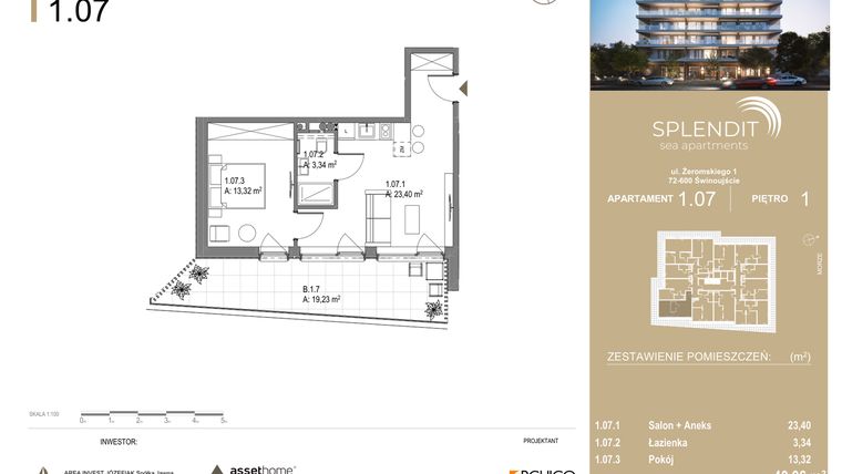 Rzut - Mieszkanie na sprzedaż 2 pokoje o powierzchni 40,06 m² - numer 1.7 w Splendit Świnoujście