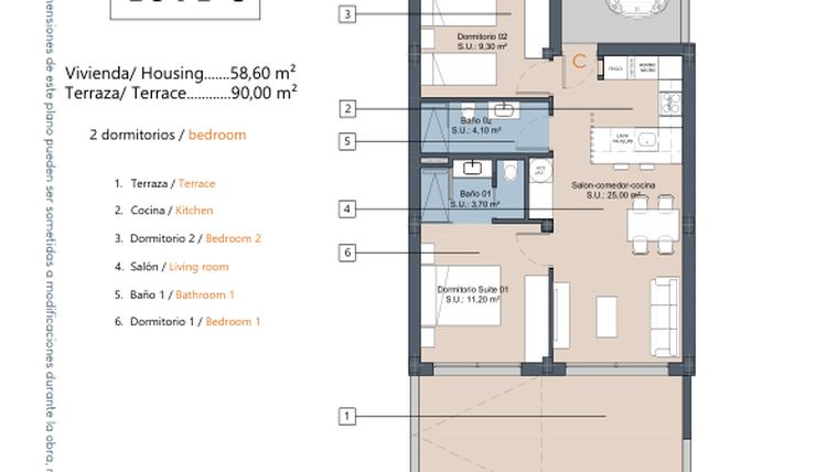 Rzut - Mieszkanie na sprzedaż 2 pokoje o powierzchni 58,6 m² - numer 3.0.C w LA Sunrise - Los Alcázares