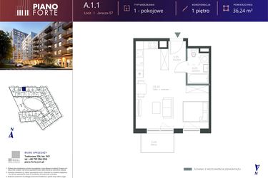 Rzut - Mieszkanie na sprzedaż 1 pokój o powierzchni 36,25 m² - numer A.1.01 w Piano