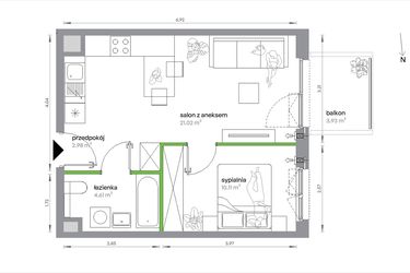 Rzut - Mieszkanie na sprzedaż 2 pokoje o powierzchni 38,72 m² - numer 1/A/3/12 w Sochaczewska Vita