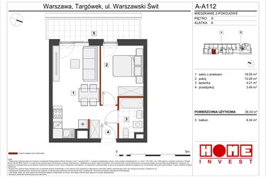 Rzut - Mieszkanie na sprzedaż 2 pokoje o powierzchni 36,04 m² - numer A-A112 w Warszawski Świt etap VII