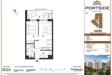 Rzut - Mieszkanie na sprzedaż 2 pokoje o powierzchni 39,76 m² - numer A4.04 w Portside Bałtycka