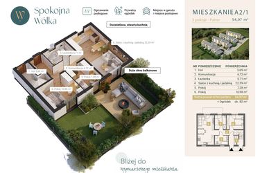 Rzut - Mieszkanie na sprzedaż 3 pokoje o powierzchni 54,97 m² - numer A2/1 w Spokojna Wólka etap IV