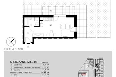 Rzut - Mieszkanie na sprzedaż 1 pokój o powierzchni 32,62 m² - numer M1.0.03 w Modern Helenów