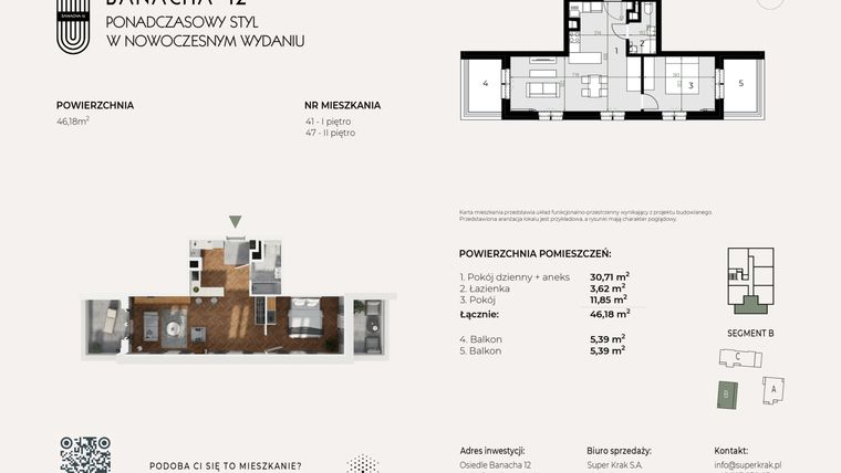 Rzut - Mieszkanie na sprzedaż 2 pokoje o powierzchni 46,18 m² - numer 47 w Banacha 12