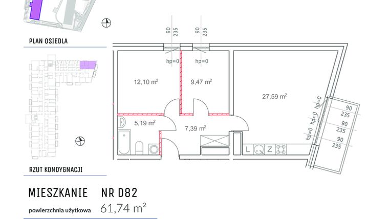 Rzut - Mieszkanie na sprzedaż 3 pokoje o powierzchni 61,74 m² - numer D82 w Osiedle Impresja 2