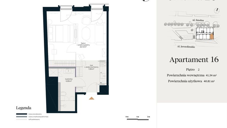 Rzut - Mieszkanie na sprzedaż 1 pokój o powierzchni 41,34 m² - numer U.3.16 w Smolna 23