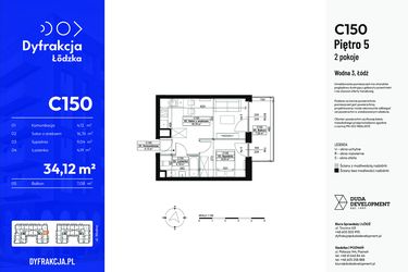 Rzut - Mieszkanie na sprzedaż 2 pokoje o powierzchni 34,12 m² - numer C150 w Dyfrakcja Łódzka - bud. CD