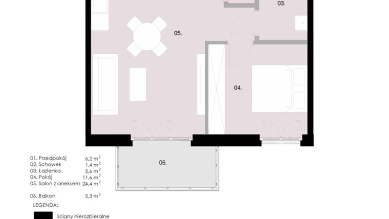 Rzut - Mieszkanie na sprzedaż 2 pokoje o powierzchni 49,29 m² - numer M1.03 w Wola Vert