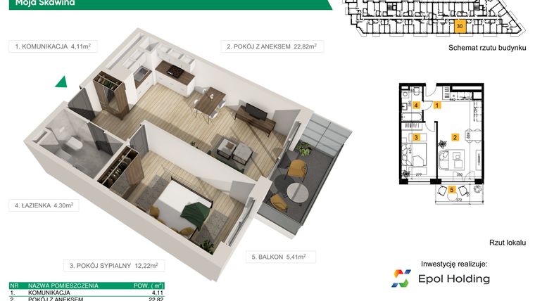 Rzut - Mieszkanie na sprzedaż 2 pokoje o powierzchni 43,45 m² - numer M30 w Moja Skawina