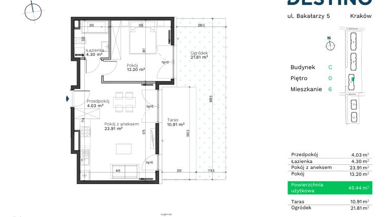 Rzut - Mieszkanie na sprzedaż 2 pokoje o powierzchni 45,44 m² - numer C-6 w Destino