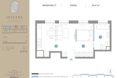 Rzut - Mieszkanie na sprzedaż 1 pokój o powierzchni 34,67 m² - numer 77 w Oficyna - mieszkania