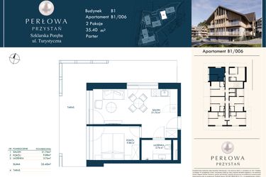 Rzut - Mieszkanie na sprzedaż 2 pokoje o powierzchni 35,4 m² - numer B1/006 w Perłowa Przystań - Szklarska Poręba