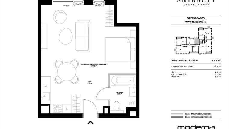 Rzut - Mieszkanie na sprzedaż 1 pokój o powierzchni 40,02 m² - numer 29 w Antracyt