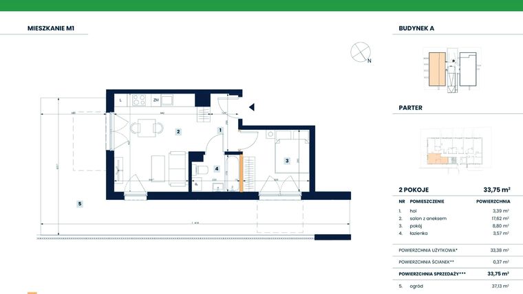 Rzut - Mieszkanie na sprzedaż 2 pokoje o powierzchni 33,38 m² - numer M01 w Reneta
