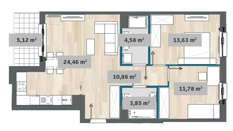 Rzut - Mieszkanie na sprzedaż 3 pokoje o powierzchni 69,12 m² - numer F1.A.02.01 w Sady Żoliborz
