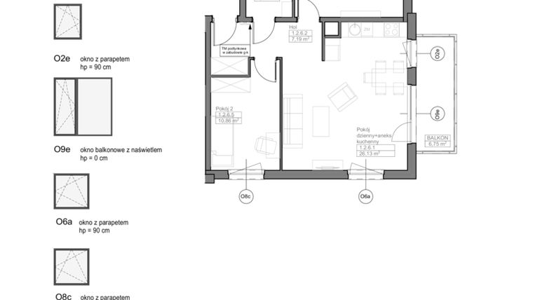 Rzut - Mieszkanie na sprzedaż 3 pokoje o powierzchni 61,2 m² - numer D.1.2.6 w Optima VII