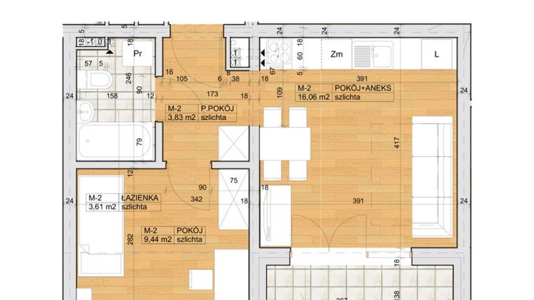 Rzut - Mieszkanie na sprzedaż 2 pokoje o powierzchni 32,94 m² - numer M-2 w Łokietka 46