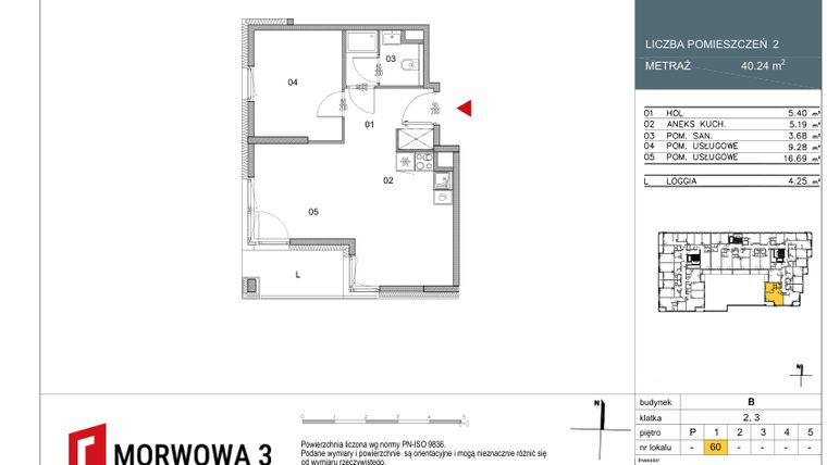 Rzut - Mieszkanie na sprzedaż 2 pokoje o powierzchni 40,24 m² - numer 60 w Morwowa 3 - Apartamenty Inwestycyjne