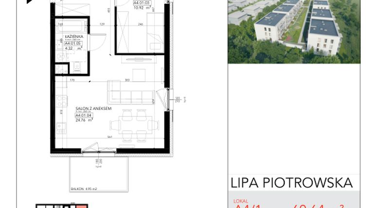 Rzut - Mieszkanie na sprzedaż 3 pokoje o powierzchni 60,86 m² - numer A4/1 w Lipa Piotrowska