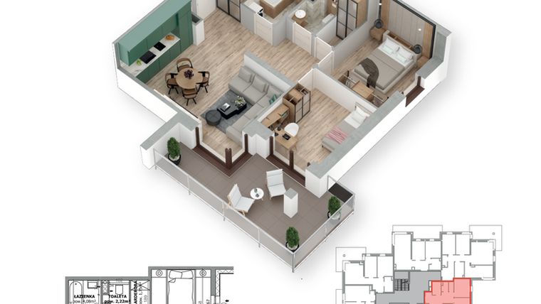Rzut - Mieszkanie na sprzedaż 3 pokoje o powierzchni 59,41 m² - numer 12 w Villa Park - Etap III