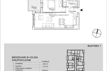 Rzut - Mieszkanie na sprzedaż 2 pokoje o powierzchni 42,92 m² - numer B1-03-33A w Nowa Francuska