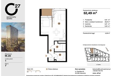 Rzut - Mieszkanie na sprzedaż 1 pokój o powierzchni 52,49 m² - numer M.20 w O27 Apartamenty Opolska