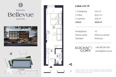 Rzut - Mieszkanie na sprzedaż 1 pokój o powierzchni 28,04 m² - numer 19 w Hotel Bellevue