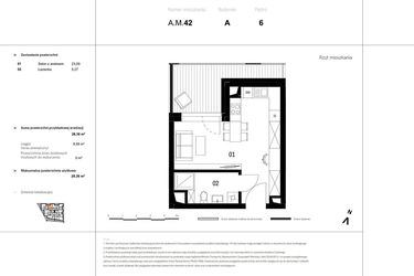 Rzut - Mieszkanie na sprzedaż 1 pokój o powierzchni 29,34 m² - numer A.M.42 w VIDOK