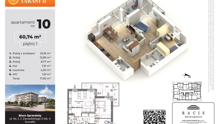 Rzut - Mieszkanie na sprzedaż 3 pokoje o powierzchni 60,74 m² - numer 10 w Słoneczne Tarasy II etap 2