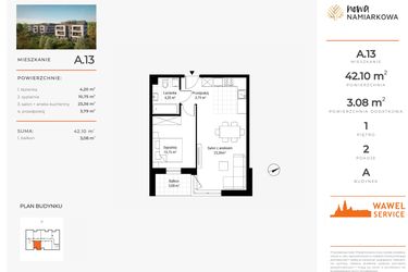 Rzut - Mieszkanie na sprzedaż 2 pokoje o powierzchni 42,1 m² - numer A.13 w Nowa Namiarkowa