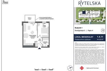 Rzut - Mieszkanie na sprzedaż 2 pokoje o powierzchni 44,36 m² - numer 1.4.11 w Rytelska