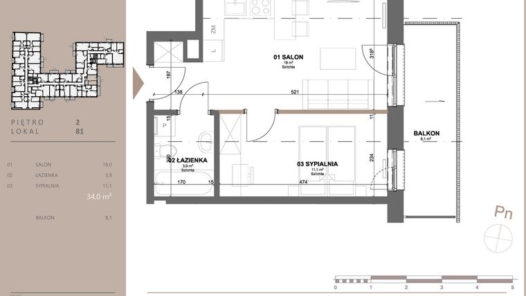 Rzut - Mieszkanie na sprzedaż 2 pokoje o powierzchni 34,01 m² - numer 81 w BETWEEN