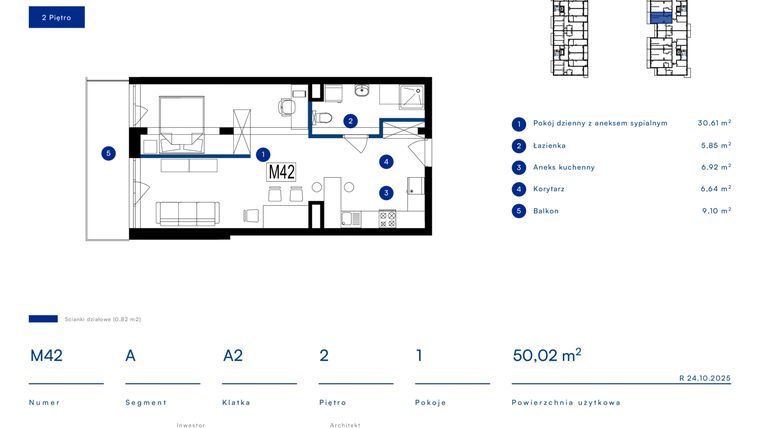Rzut - Mieszkanie na sprzedaż 1 pokój o powierzchni 50,02 m² - numer 42A w Przy Bursztynowej