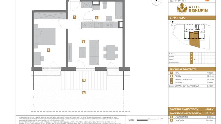 Rzut - Mieszkanie na sprzedaż 2 pokoje o powierzchni 46,64 m² - numer W2 w Wille Biskupin Etap 2.1