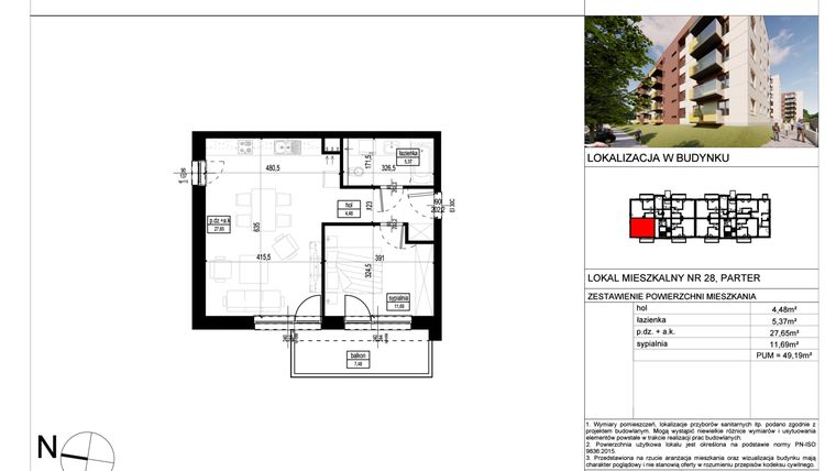 Rzut - Mieszkanie na sprzedaż 2 pokoje o powierzchni 49,19 m² - numer A.28 w Wólczańska 248 - etap II