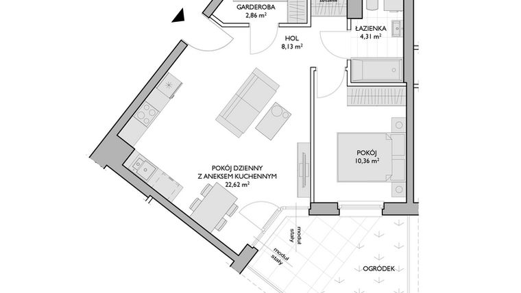 Rzut - Mieszkanie na sprzedaż 2 pokoje o powierzchni 48,28 m² - numer WO/P3/8 w Wiszące Ogrody