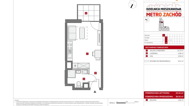 Rzut - Mieszkanie na sprzedaż 1 pokój o powierzchni 26,05 m² - numer A.34 w Dzielnica Mieszkaniowa Metro Zachód - etap 6