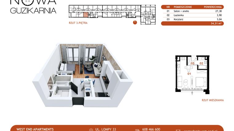 Rzut - Mieszkanie na sprzedaż 1 pokój o powierzchni 34,31 m² - numer B2.3.23 w Nowa Guzikarnia